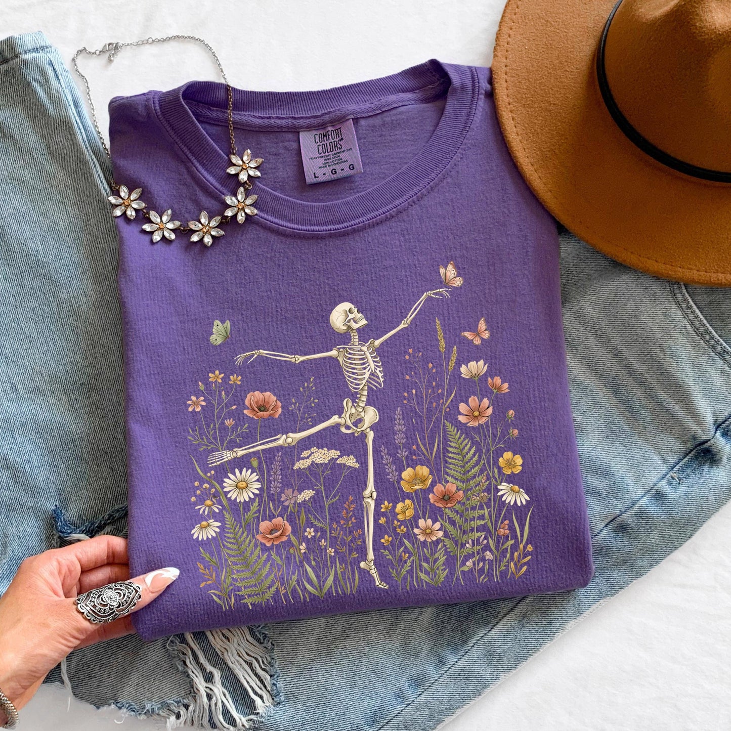 Dancing Skeleton Shirt, Floral Skeleton Tee, Halloween Skeleton Shirt, Wildflower Skeleton Tee, Comfort Colors Shirt