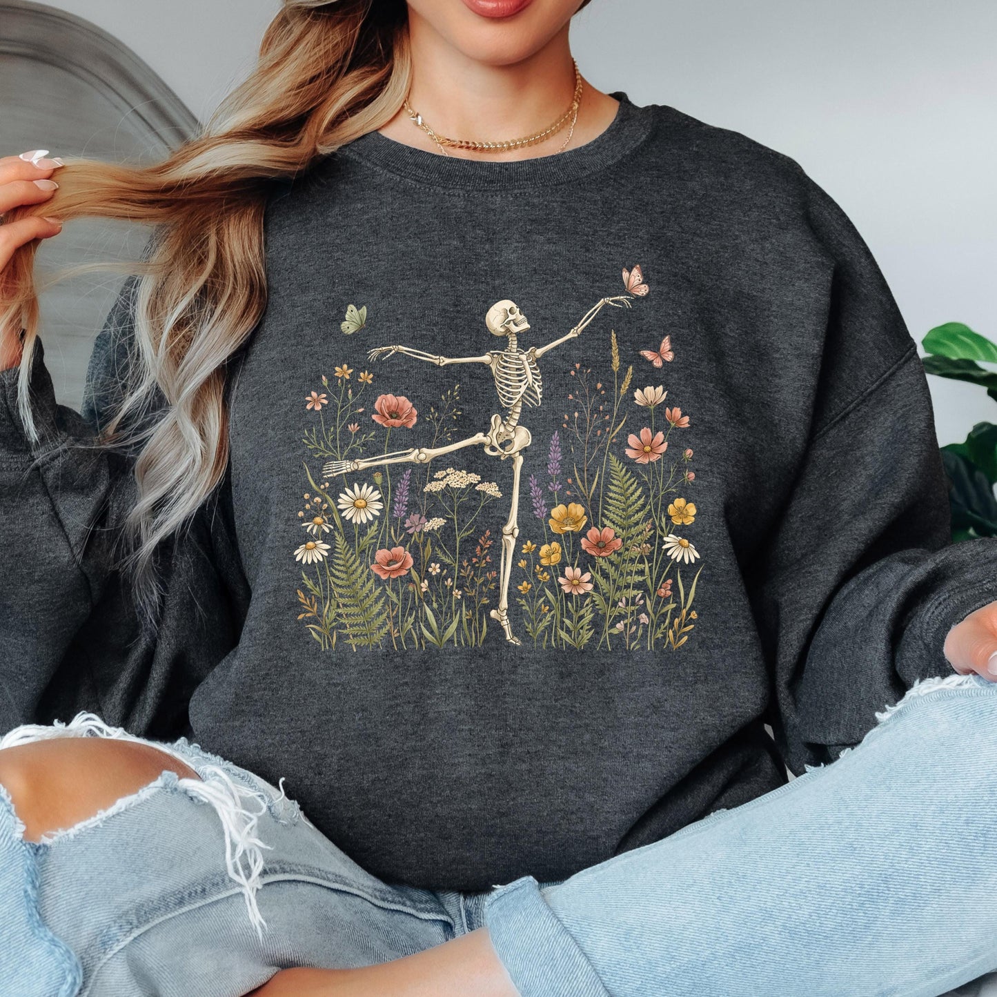 Dancing Skeleton Sweatshirt, Floral Skeleton Crewneck, Halloween Skeleton Sweatshirt, Wildflower Skeleton Pullover
