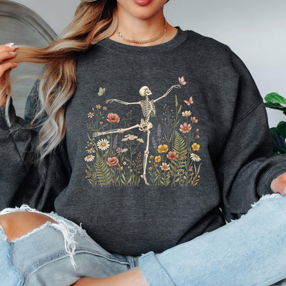 Dancing Skeleton Sweatshirt, Floral Skeleton Crewneck, Halloween Skeleton Sweatshirt, Wildflower Skeleton Pullover