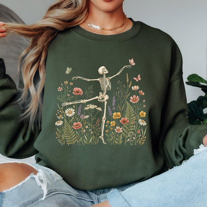 Dancing Skeleton Sweatshirt, Floral Skeleton Crewneck, Halloween Skeleton Sweatshirt, Wildflower Skeleton Pullover