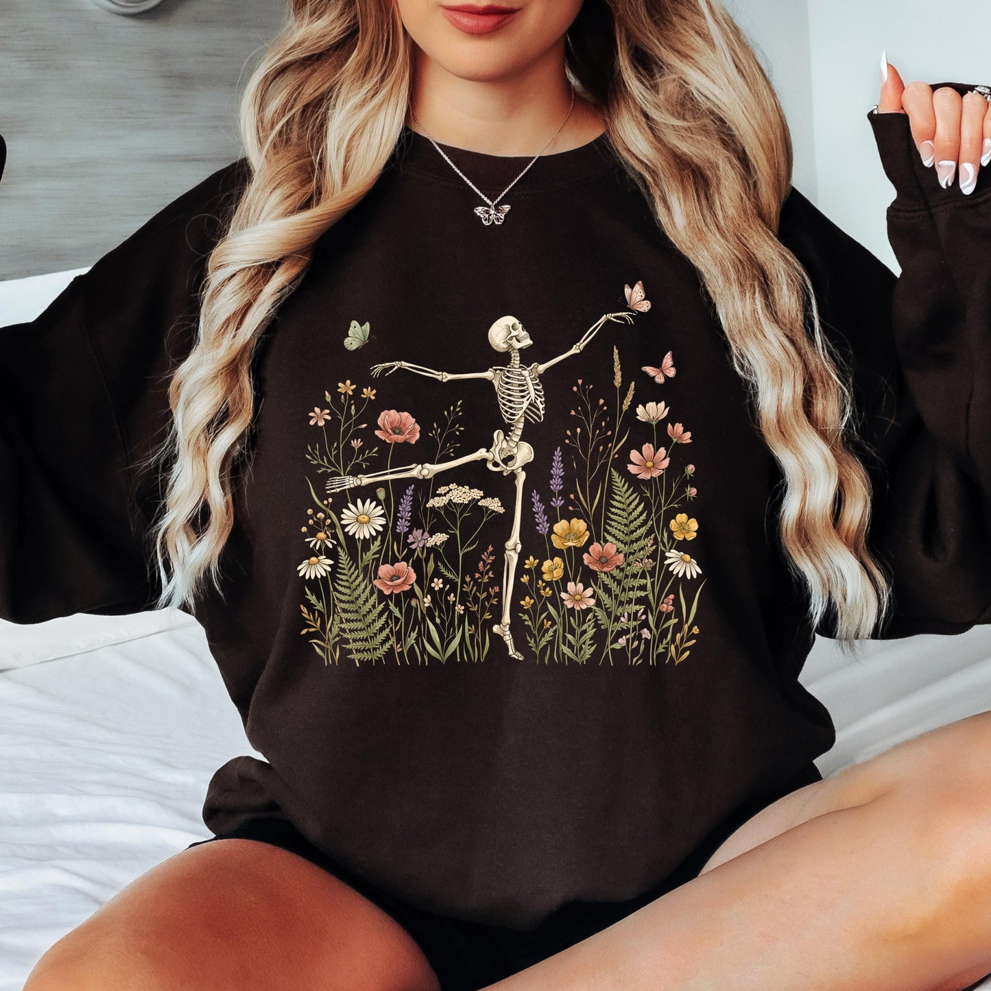 Dancing Skeleton Sweatshirt, Floral Skeleton Crewneck, Halloween Skeleton Sweatshirt, Wildflower Skeleton Pullover
