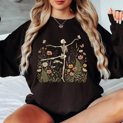 Dancing Skeleton Sweatshirt, Floral Skeleton Crewneck, Halloween Skeleton Sweatshirt, Wildflower Skeleton Pullover