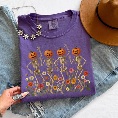 Pumpkin Skeleton Shirt, Dancing Skeleton Tee, Halloween Pumpkin Shirt, Spooky Season Tee, Comfort Colors Shirt