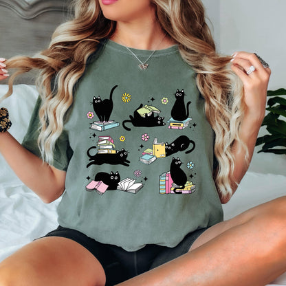 Black Cat Book Lover Shirt, Reading Cat Shirt, Cute Bookworm Tee, Cat Lover Graphic Shirt, Comfort Colors Reader Shirt