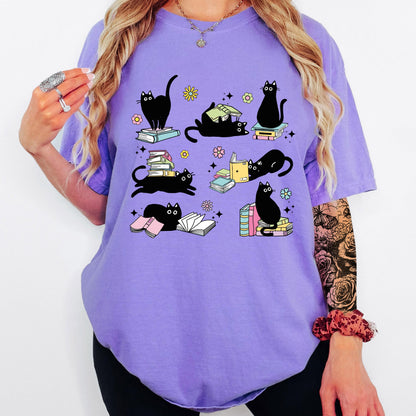 Black Cat Book Lover Shirt, Reading Cat Shirt, Cute Bookworm Tee, Cat Lover Graphic Shirt, Comfort Colors Reader Shirt