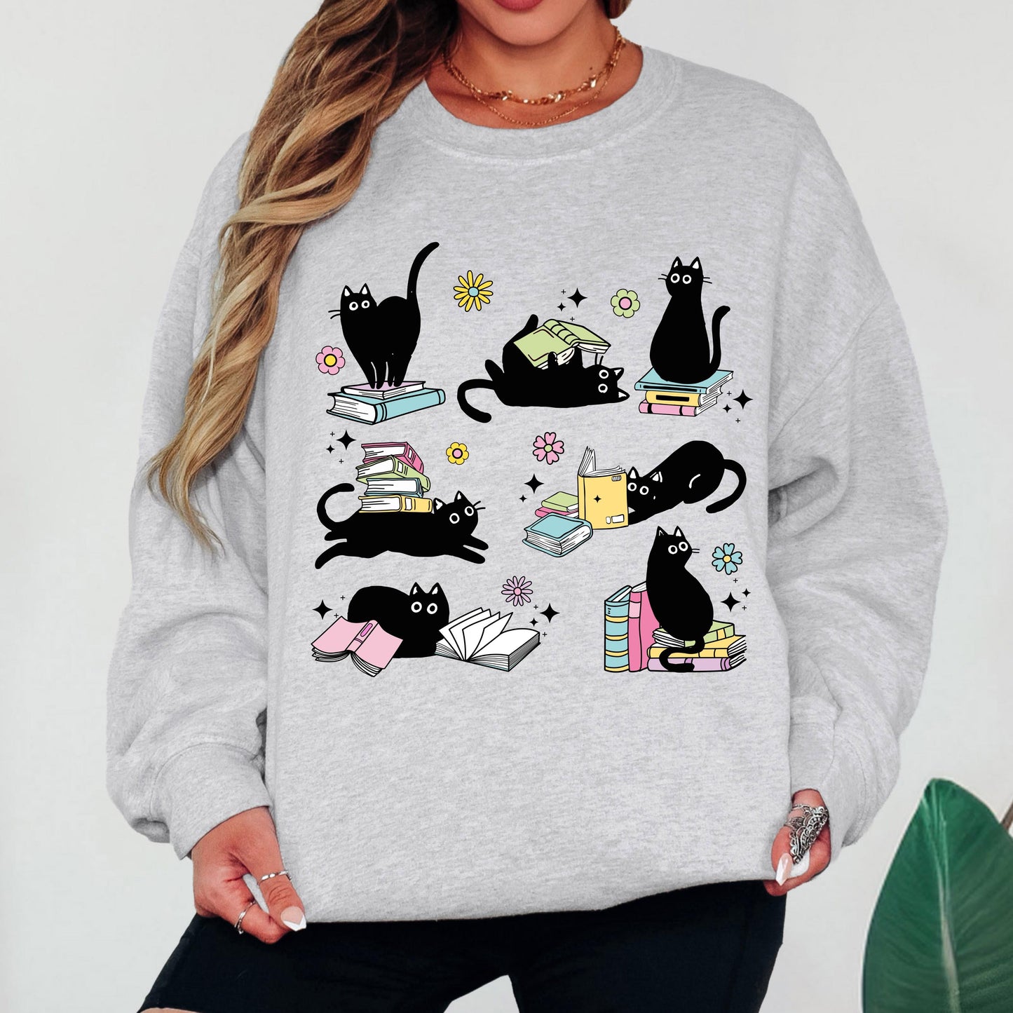 Black Cat Book Lover Sweatshirt, Reading Cat Crewneck, Cute Bookworm Sweatshirt, Cat Lover Graphic Sweatshirt