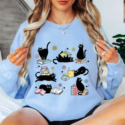 Black Cat Book Lover Sweatshirt, Reading Cat Crewneck, Cute Bookworm Sweatshirt, Cat Lover Graphic Sweatshirt