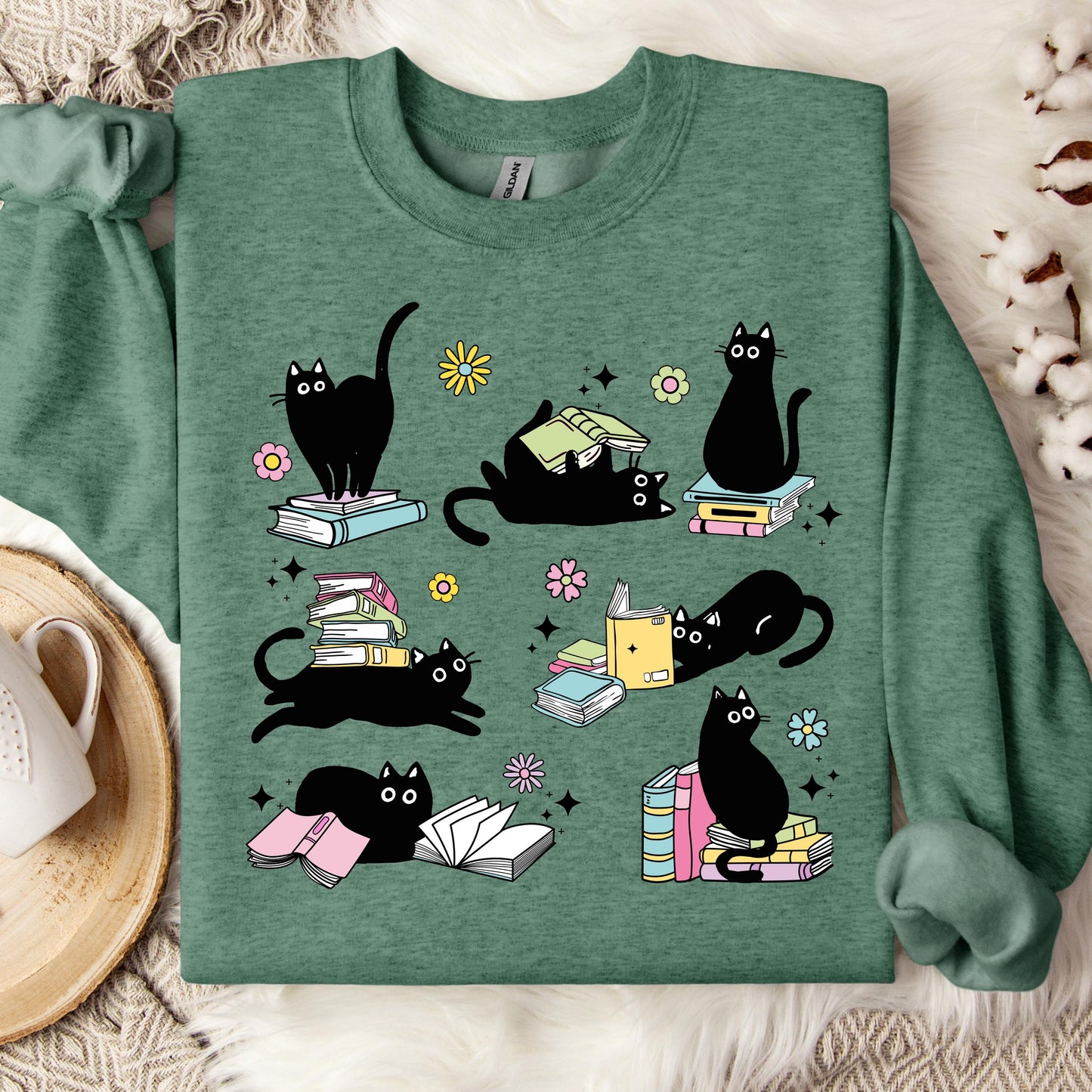 Black Cat Book Lover Sweatshirt, Reading Cat Crewneck, Cute Bookworm Sweatshirt, Cat Lover Graphic Sweatshirt