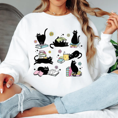 Black Cat Book Lover Sweatshirt, Reading Cat Crewneck, Cute Bookworm Sweatshirt, Cat Lover Graphic Sweatshirt