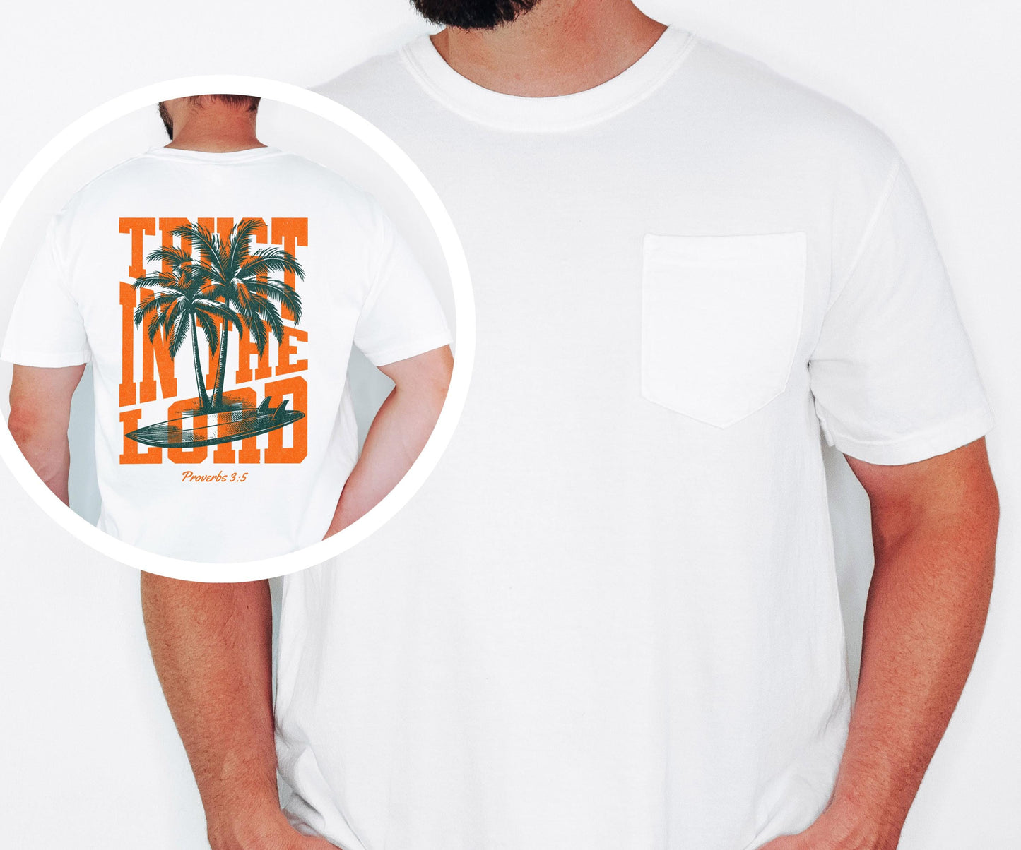 Trust in the Lord Shirt, Proverbs 3:5 Christian Shirt, Palm Tree Surf Graphic Tee, Beach Faith Shirt, Comfort Colors Men's Pocket Tee