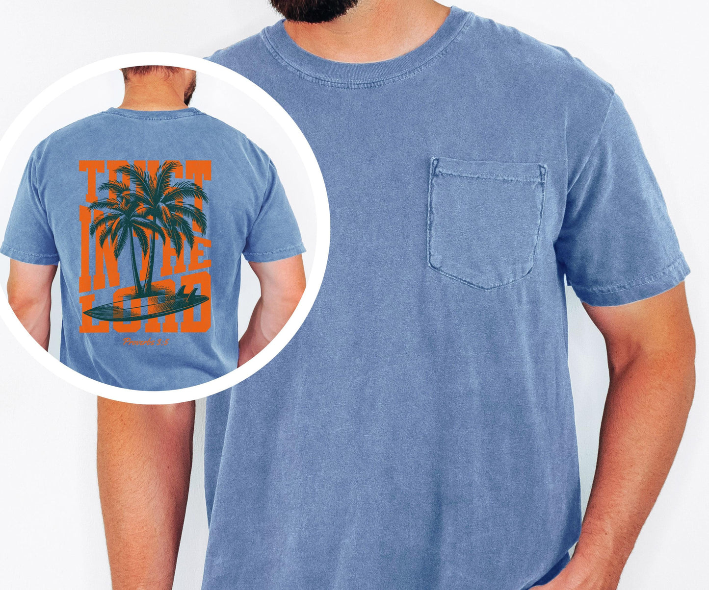 Trust in the Lord Shirt, Proverbs 3:5 Christian Shirt, Palm Tree Surf Graphic Tee, Beach Faith Shirt, Comfort Colors Men's Pocket Tee