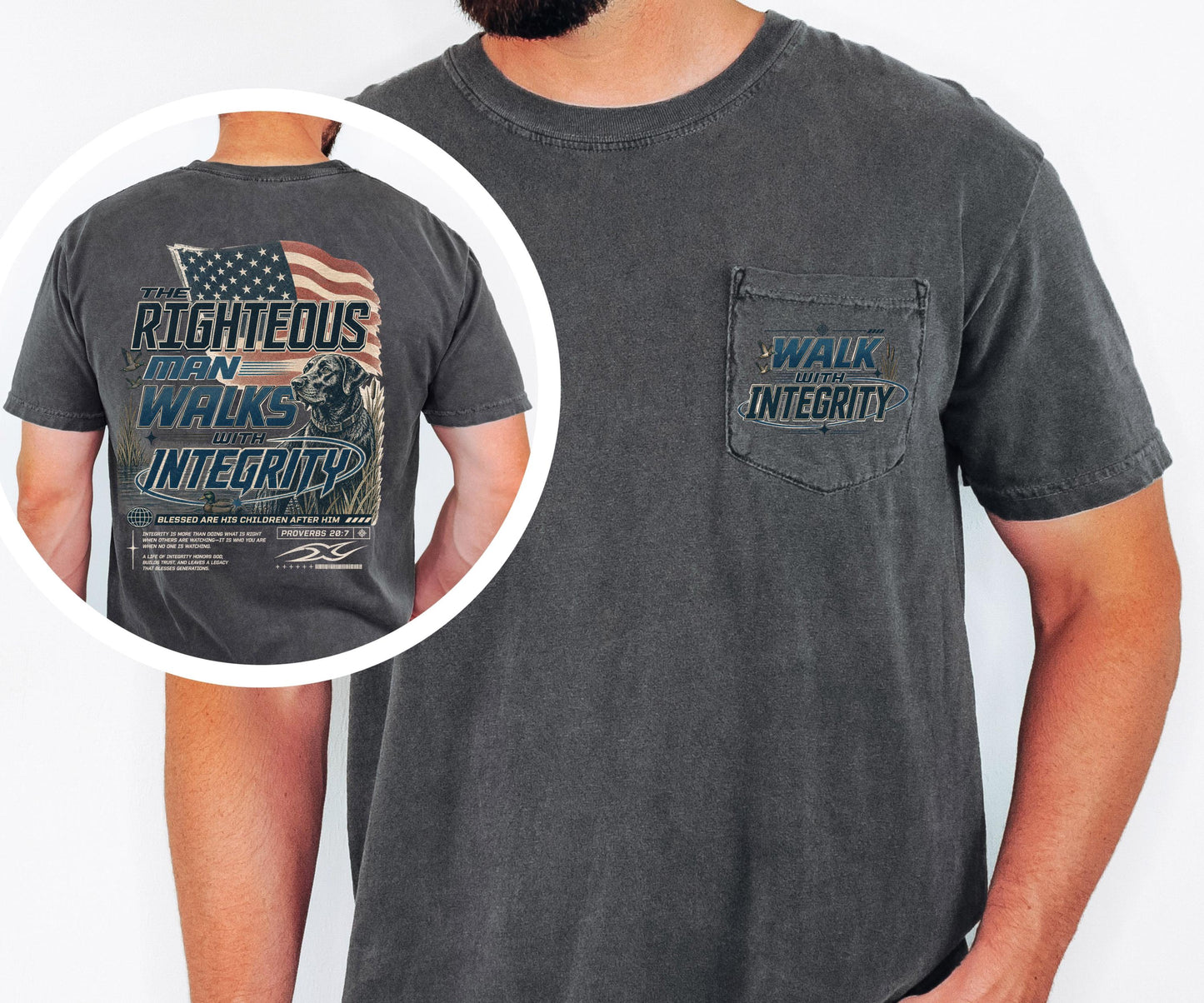 The Righteous Man Walks with Integrity Shirt, Proverbs 20:7 Christian Pocket Tee, American Flag Faith Shirt, Comfort Colors Men's Pocket Tee