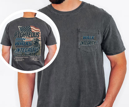 The Righteous Man Walks with Integrity Shirt, Proverbs 20:7 Christian Pocket Tee, American Flag Faith Shirt, Comfort Colors Men's Pocket Tee