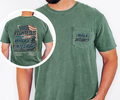 The Righteous Man Walks with Integrity Shirt, Proverbs 20:7 Christian Pocket Tee, American Flag Faith Shirt, Comfort Colors Men's Pocket Tee