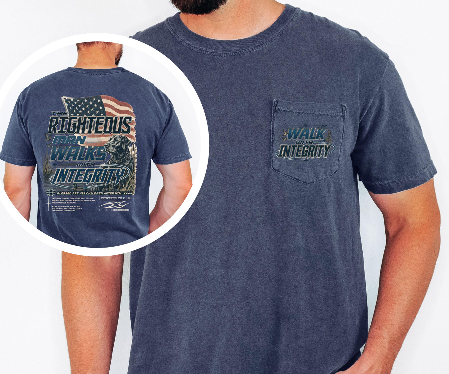 The Righteous Man Walks with Integrity Shirt, Proverbs 20:7 Christian Pocket Tee, American Flag Faith Shirt, Comfort Colors Men's Pocket Tee