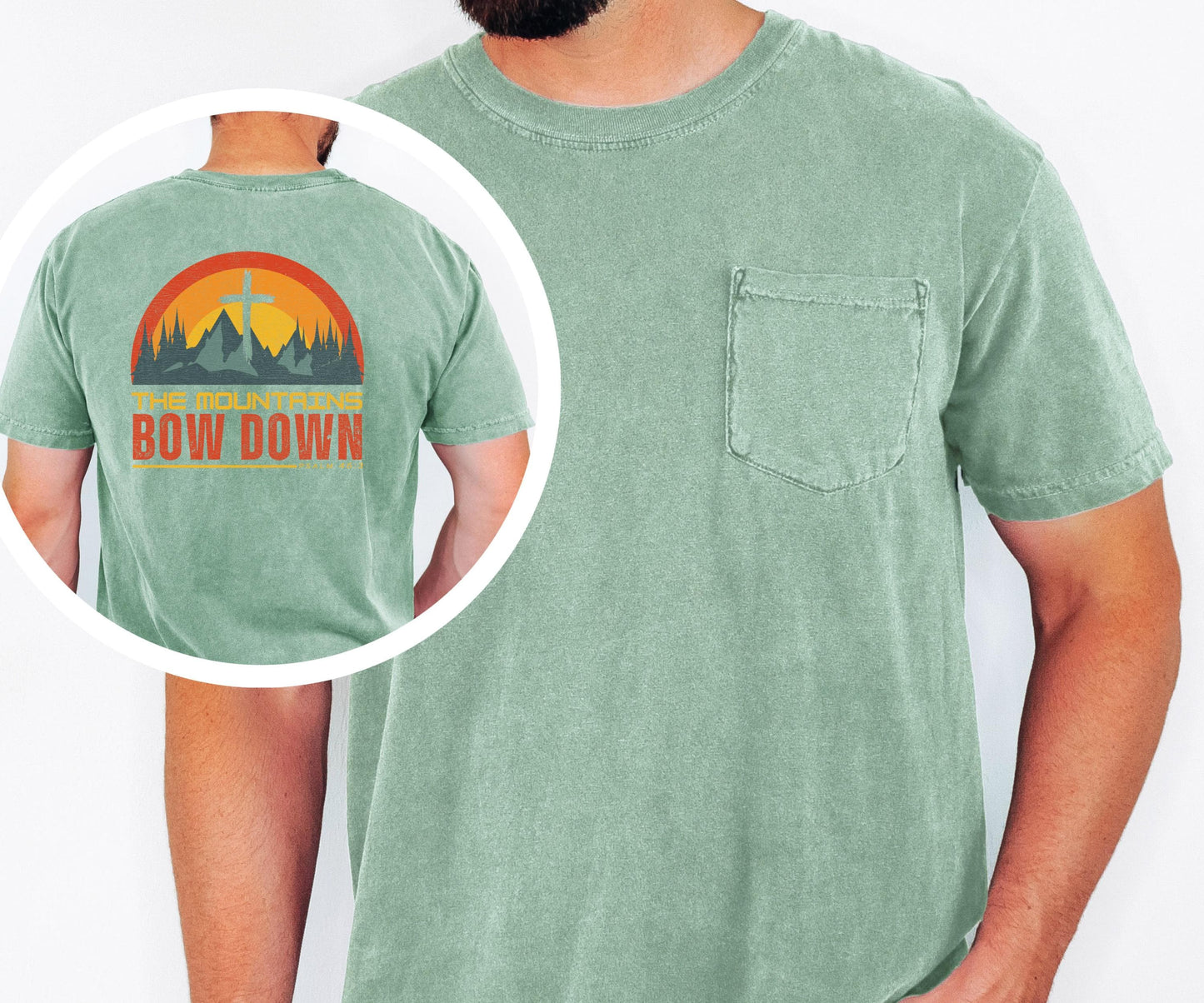 The Mountains Bow Down Shirt, Psalm 46:3 Christian Pocket T Shirt, Faith Mountain Graphic Tee, Comfort Colors 6030 Men's Pocket Shirt