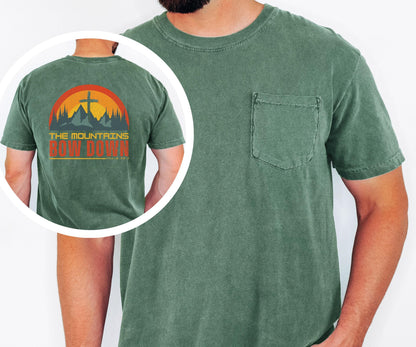 The Mountains Bow Down Shirt, Psalm 46:3 Christian Pocket T Shirt, Faith Mountain Graphic Tee, Comfort Colors 6030 Men's Pocket Shirt