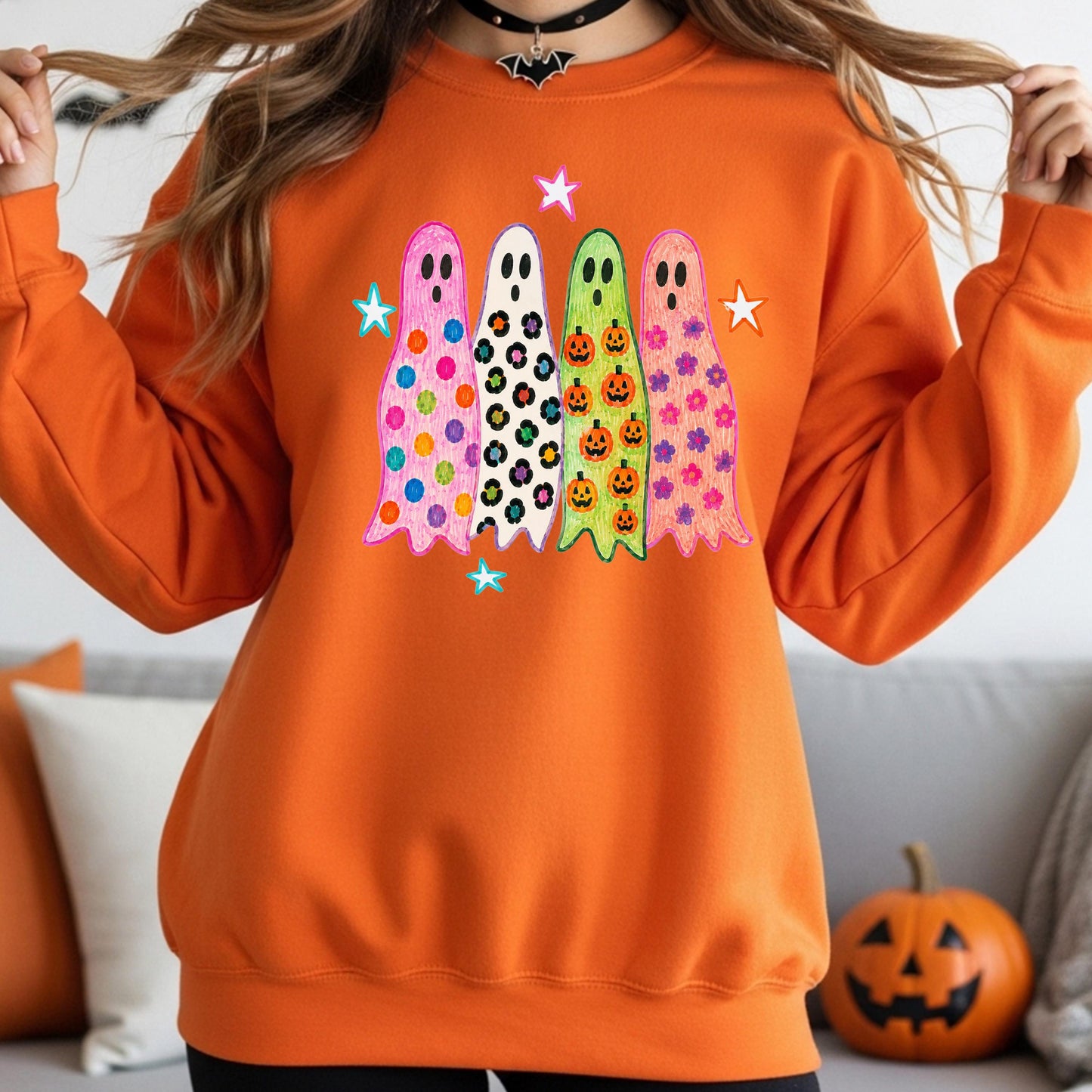 Cute Halloween Ghost Sweatshirt, Colorful Ghost Crewneck, Retro Halloween Sweatshirt, Spooky Season Pullover, Cute Fall Ghost Sweatshirt
