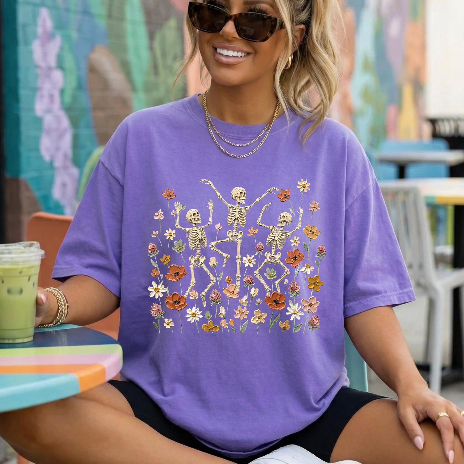 Dancing Skeleton Shirt, Floral Skeleton Tee, Vintage Halloween Shirt, Spooky Wildflower Graphic T-Shirt