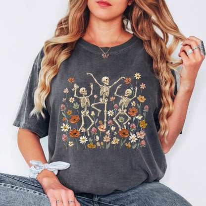Dancing Skeleton Shirt, Floral Skeleton Tee, Vintage Halloween Shirt, Spooky Wildflower Graphic T-Shirt