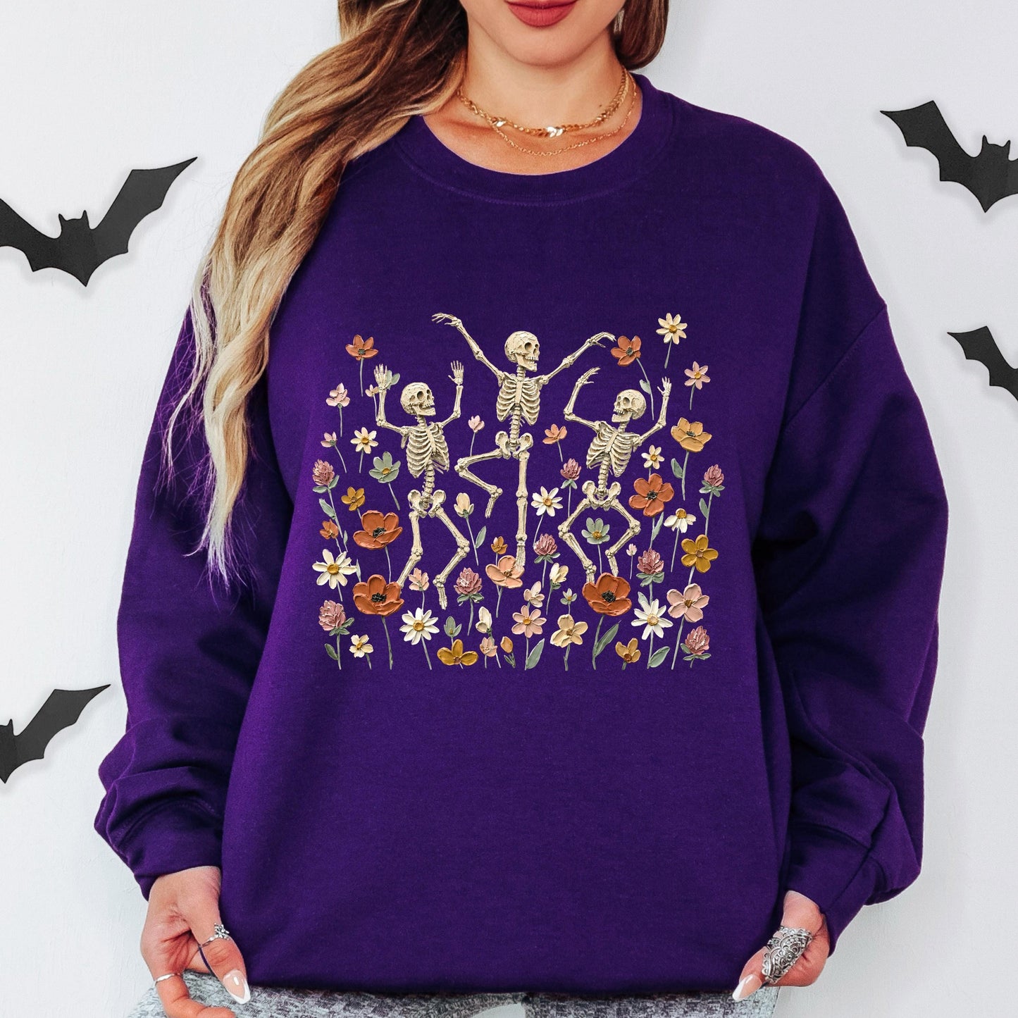 Dancing Skeleton Sweatshirt, Floral Skeleton Crewneck, Spooky Wildflower Sweatshirt, Vintage Halloween Sweatshirt