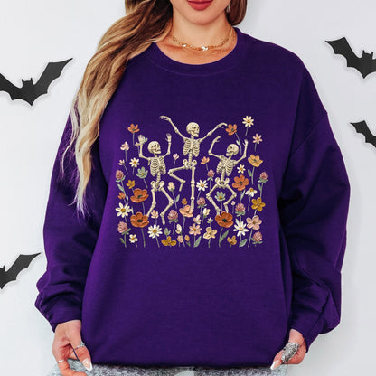 Dancing Skeleton Sweatshirt, Floral Skeleton Crewneck, Spooky Wildflower Sweatshirt, Vintage Halloween Sweatshirt