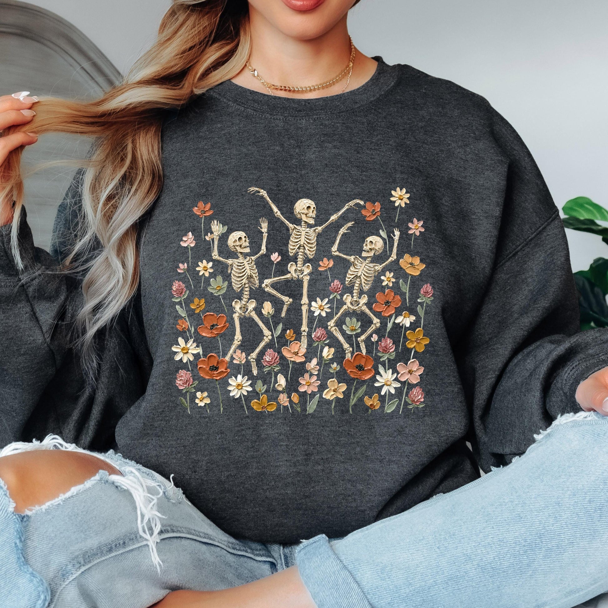 Dancing Skeleton Sweatshirt, Floral Skeleton Crewneck, Spooky Wildflower Sweatshirt, Vintage Halloween Sweatshirt