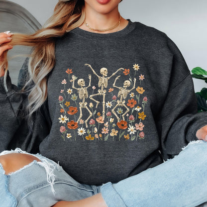 Dancing Skeleton Sweatshirt, Floral Skeleton Crewneck, Spooky Wildflower Sweatshirt, Vintage Halloween Sweatshirt