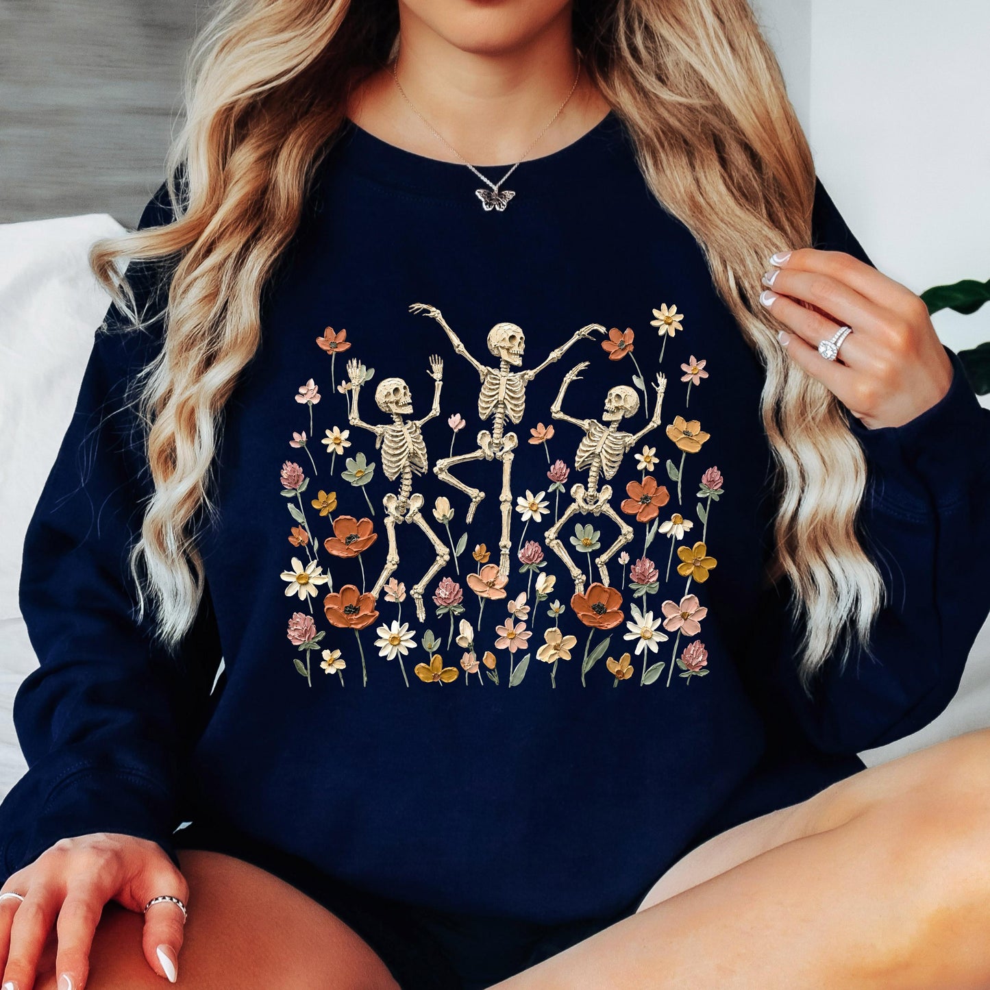 Dancing Skeleton Sweatshirt, Floral Skeleton Crewneck, Spooky Wildflower Sweatshirt, Vintage Halloween Sweatshirt