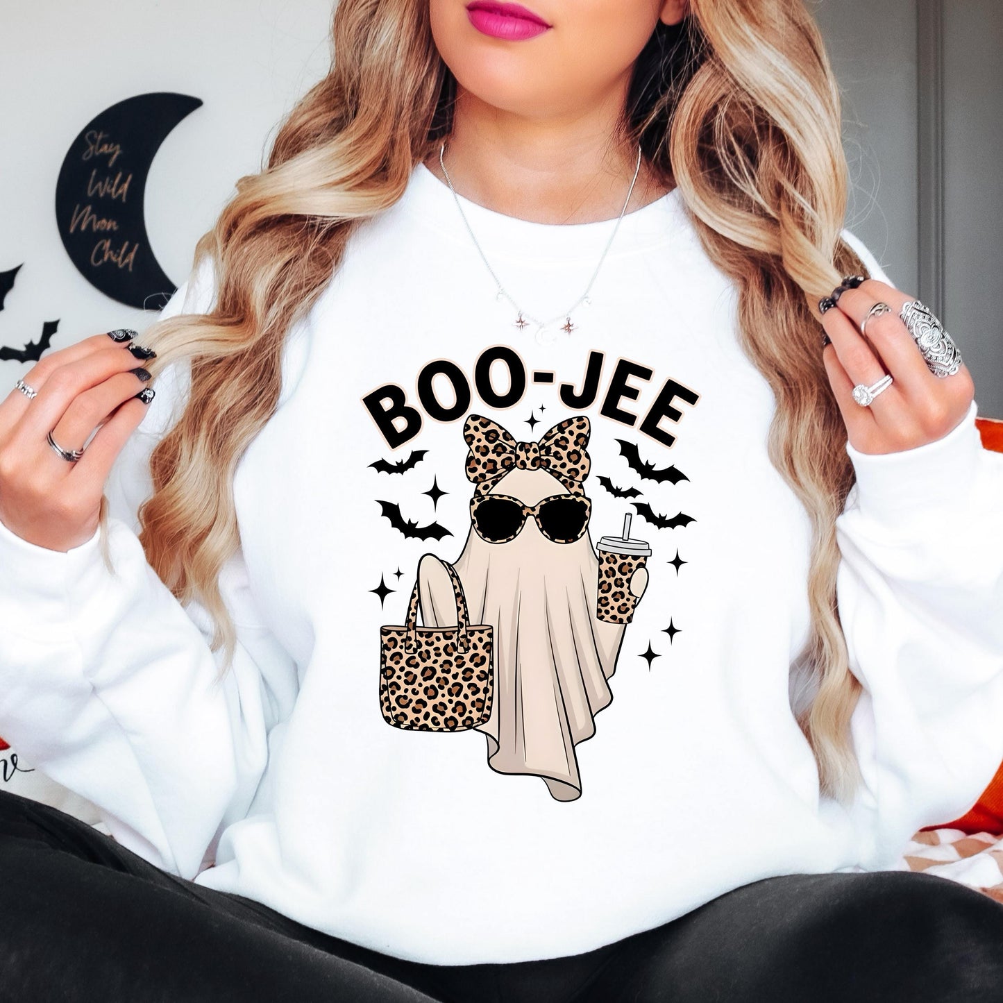 Boo Jee Halloween Sweatshirt, Cute Ghost Crewneck, Leopard Print Ghost Sweatshirt, Funny Spooky Season Pullover