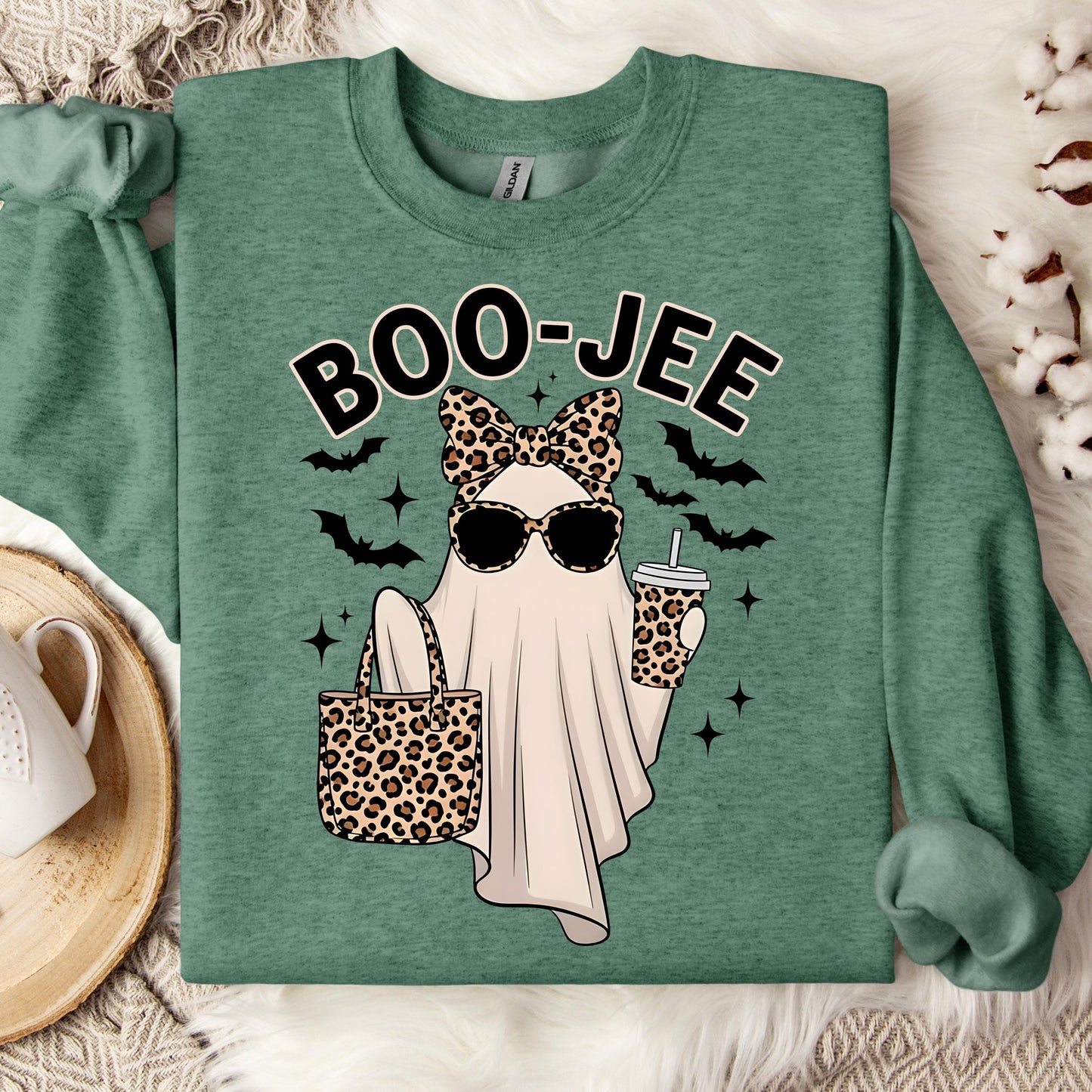 Boo Jee Halloween Sweatshirt, Cute Ghost Crewneck, Leopard Print Ghost Sweatshirt, Funny Spooky Season Pullover