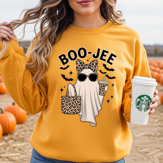 Boo Jee Halloween Sweatshirt, Cute Ghost Crewneck, Leopard Print Ghost Sweatshirt, Funny Spooky Season Pullover