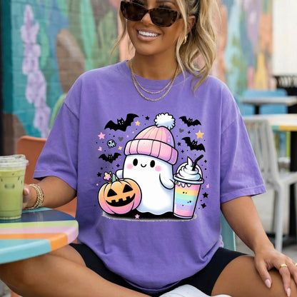 Cute Ghost Halloween Shirt, Kawaii Ghost T-Shirt, Pumpkin Ghost Graphic Tee, Cozy Fall Halloween Shirt, Spooky Season