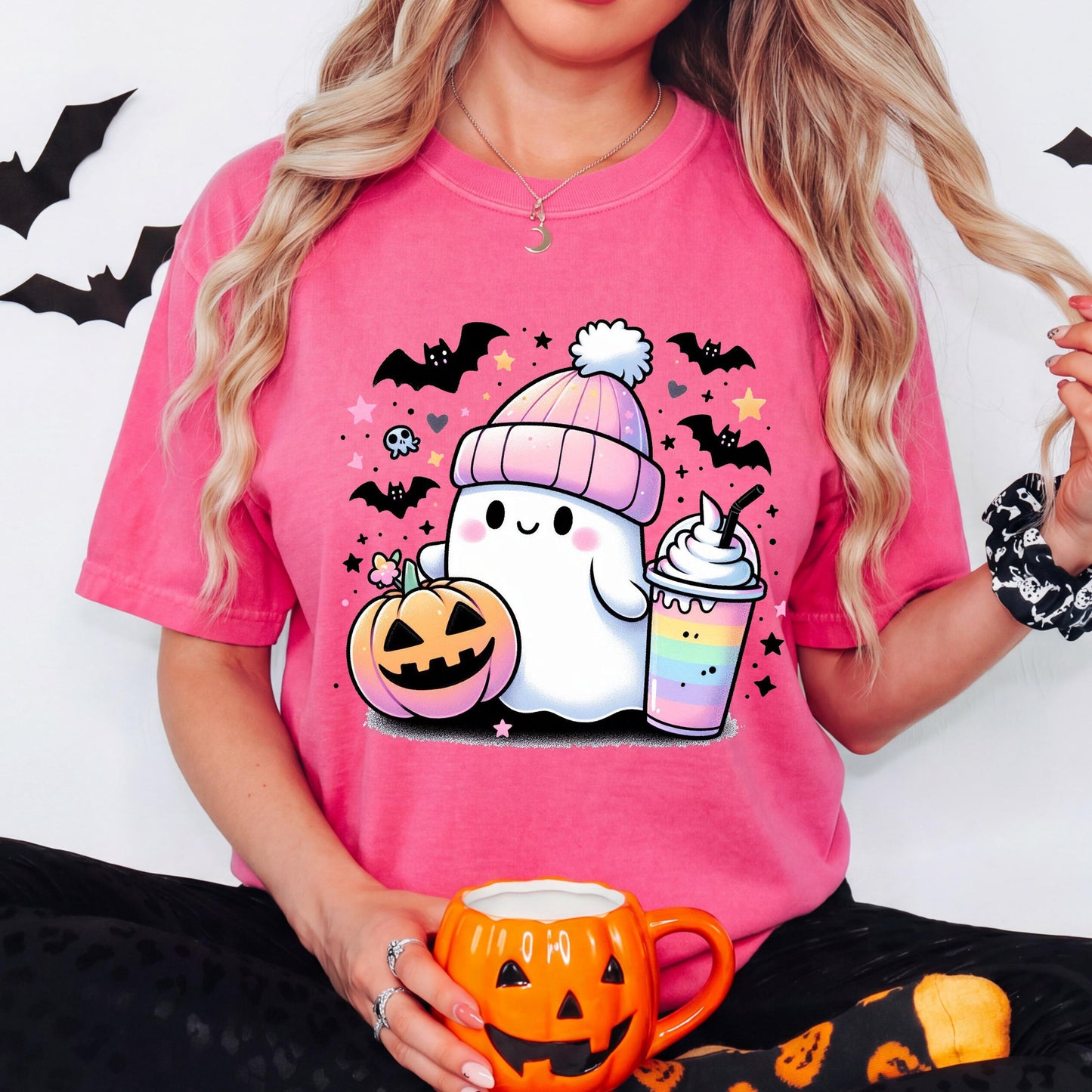Cute Ghost Halloween Shirt, Kawaii Ghost T-Shirt, Pumpkin Ghost Graphic Tee, Cozy Fall Halloween Shirt, Spooky Season
