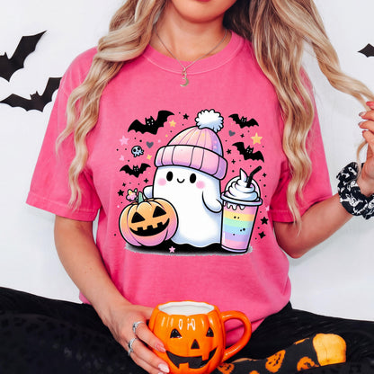 Cute Ghost Halloween Shirt, Kawaii Ghost T-Shirt, Pumpkin Ghost Graphic Tee, Cozy Fall Halloween Shirt, Spooky Season