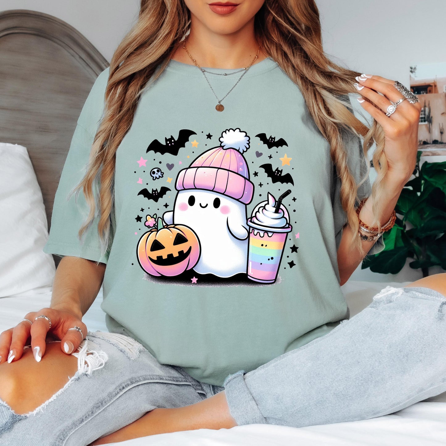 Cute Ghost Halloween Shirt, Kawaii Ghost T-Shirt, Pumpkin Ghost Graphic Tee, Cozy Fall Halloween Shirt, Spooky Season