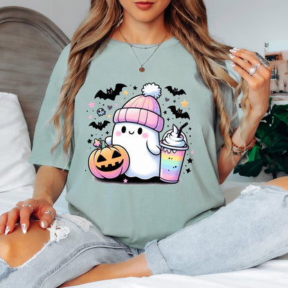 Cute Ghost Halloween Shirt, Kawaii Ghost T-Shirt, Pumpkin Ghost Graphic Tee, Cozy Fall Halloween Shirt, Spooky Season
