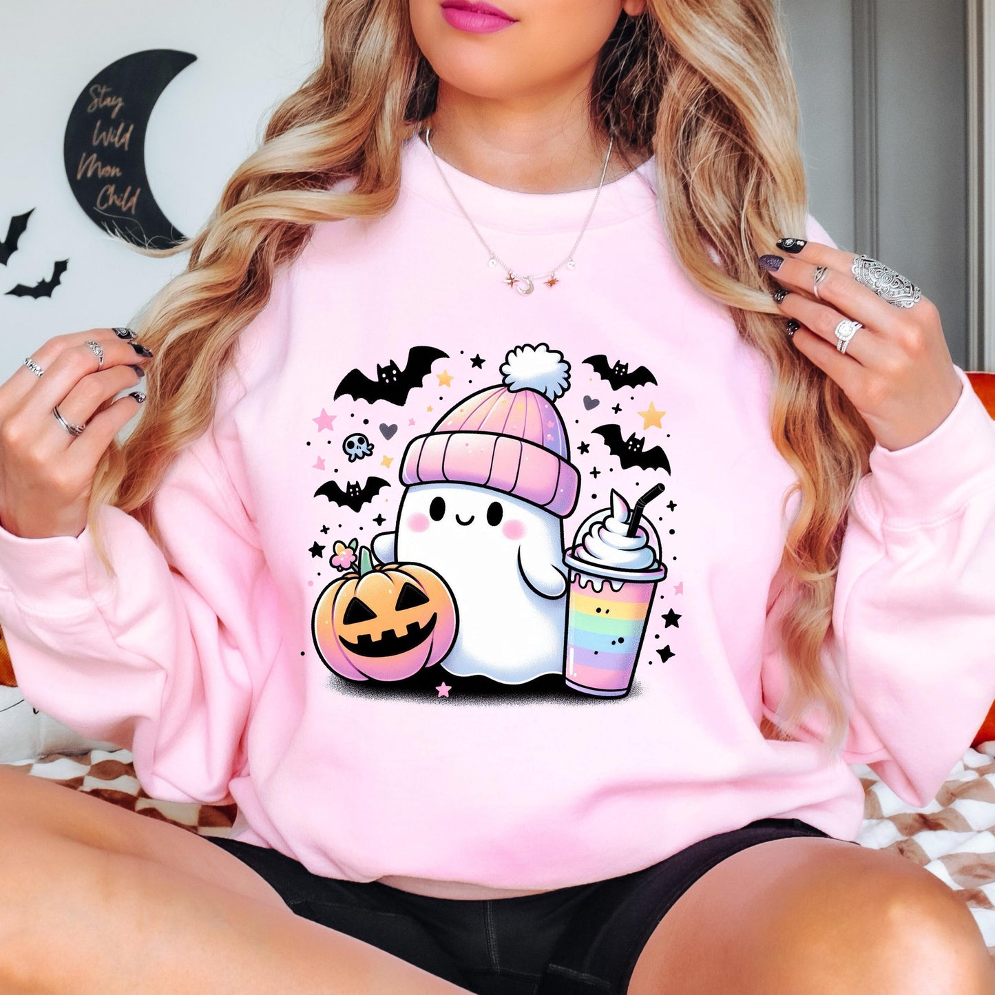 Cute Ghost Halloween Sweatshirt, Kawaii Ghost Crewneck, Pumpkin Ghost Sweatshirt, Cozy Fall Sweatshirt, Spooky Season Gift