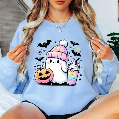 Cute Ghost Halloween Sweatshirt, Kawaii Ghost Crewneck, Pumpkin Ghost Sweatshirt, Cozy Fall Sweatshirt, Spooky Season Gift