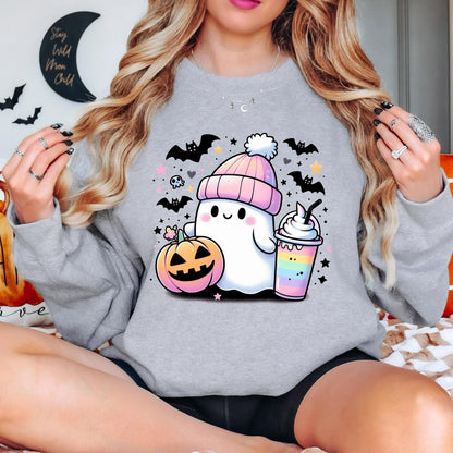 Cute Ghost Halloween Sweatshirt, Kawaii Ghost Crewneck, Pumpkin Ghost Sweatshirt, Cozy Fall Sweatshirt, Spooky Season Gift