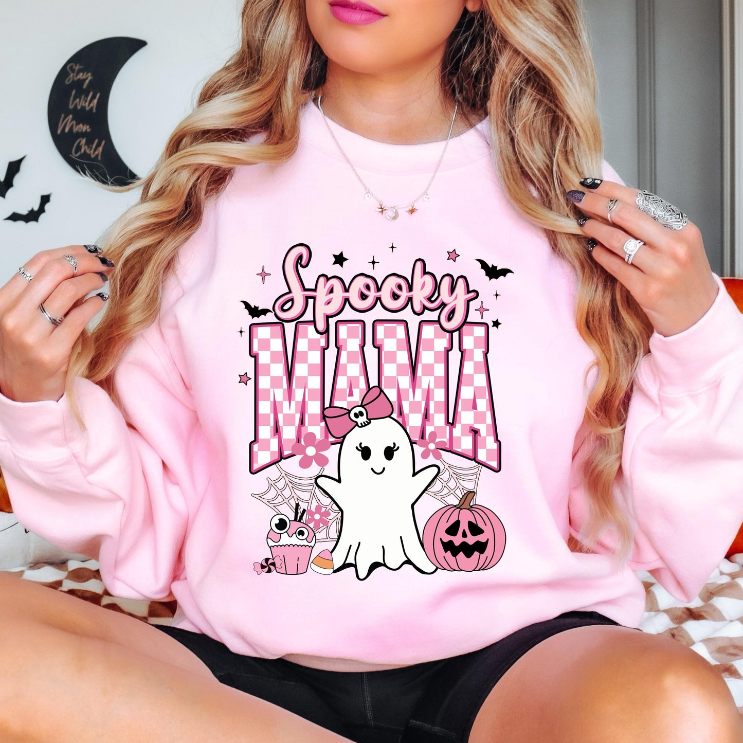 Spooky Mama Halloween Sweatshirt, Cute Ghost Crewneck, Pink Halloween Sweatshirt, Coquette Ghost Sweatshirt, Fall Gift