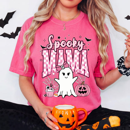 Spooky Mama Halloween Shirt, Cute Ghost T Shirt, Pink Ghost Graphic Tee, Coquette Halloween Shirt, Spooky Season Tee