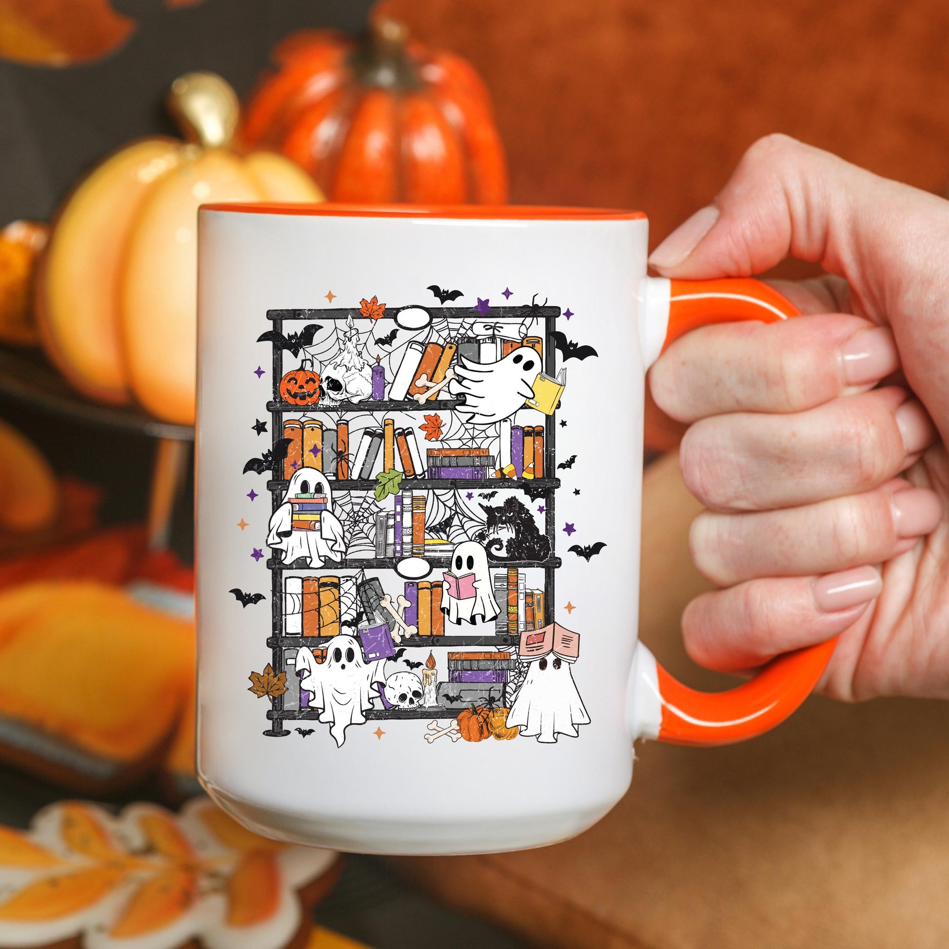Ghost Bookshelf Coffee Mug, Halloween Ghost Mug, Book Lover Coffee Cup, Spooky Books Mug, Ceramic Mug, 11 oz Mug, 15 oz Mug