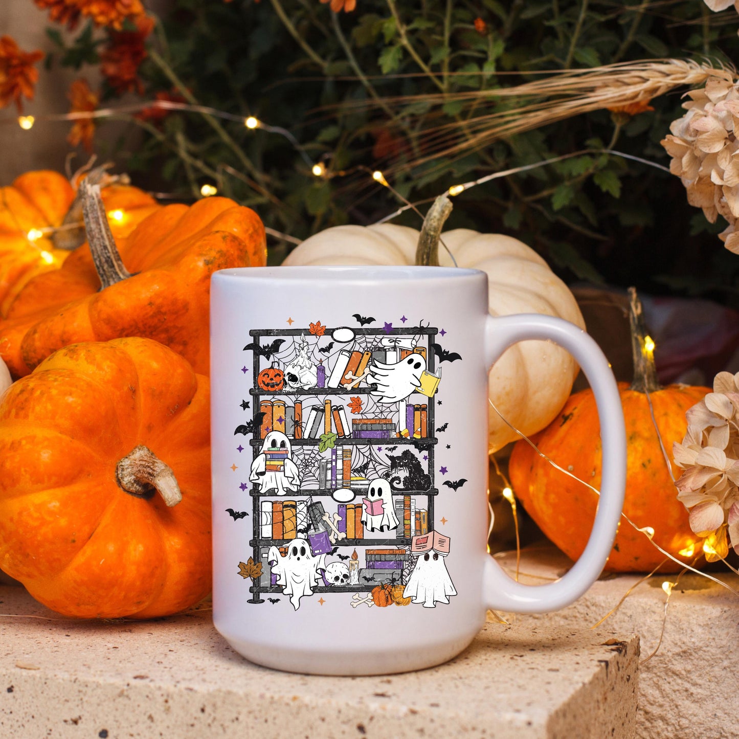 Ghost Bookshelf Coffee Mug, Halloween Ghost Mug, Book Lover Coffee Cup, Spooky Books Mug, Ceramic Mug, 11 oz Mug, 15 oz Mug