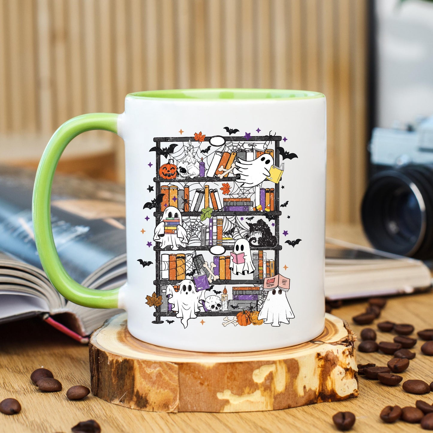 Ghost Bookshelf Coffee Mug, Halloween Ghost Mug, Book Lover Coffee Cup, Spooky Books Mug, Ceramic Mug, 11 oz Mug, 15 oz Mug
