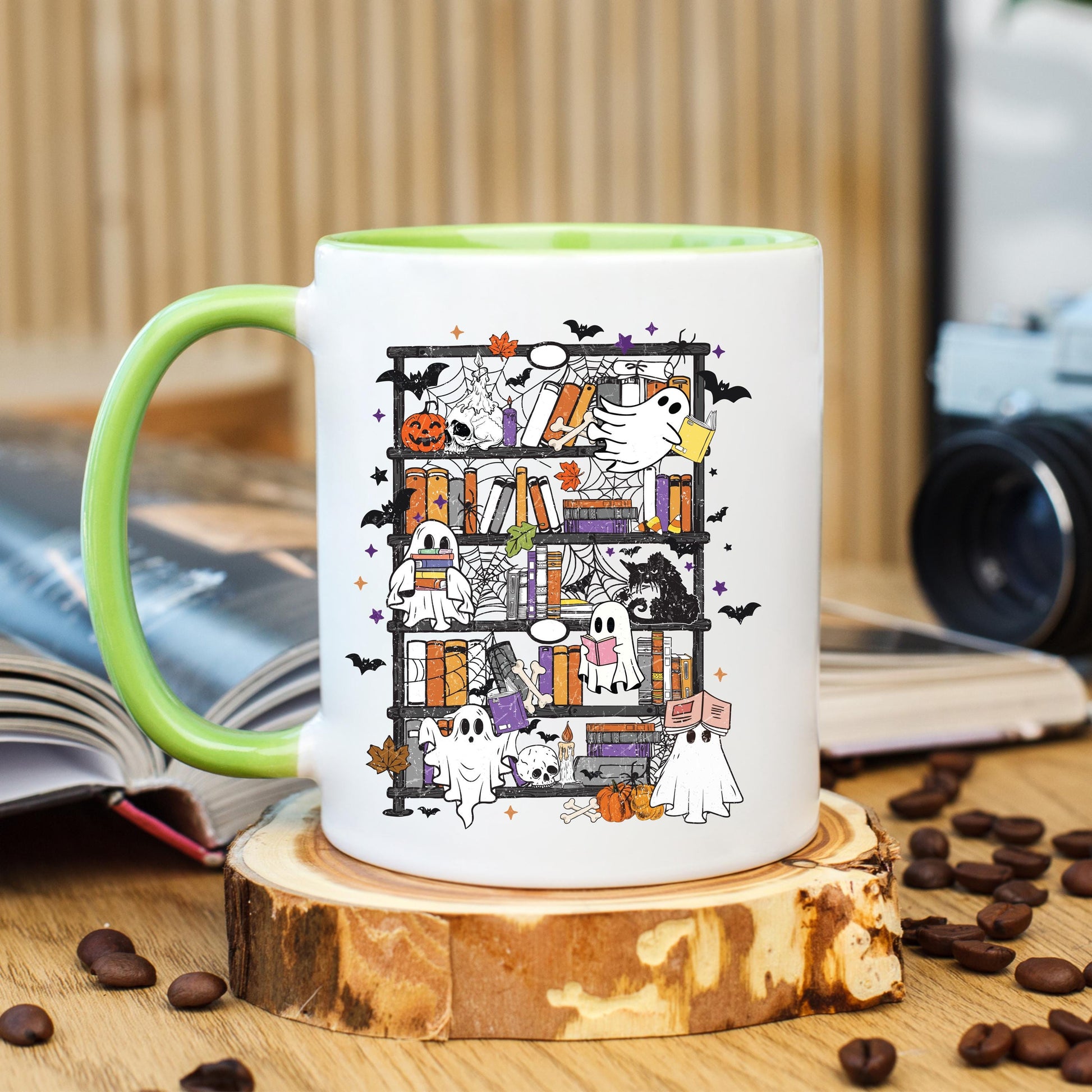 Ghost Bookshelf Coffee Mug, Halloween Ghost Mug, Book Lover Coffee Cup, Spooky Books Mug, Ceramic Mug, 11 oz Mug, 15 oz Mug