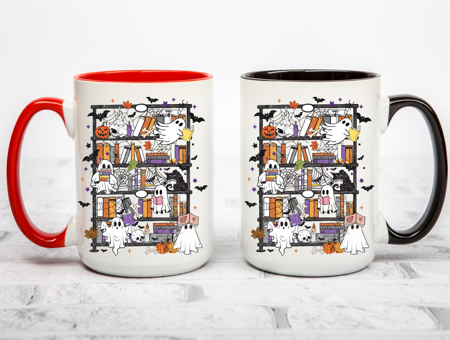 Ghost Bookshelf Coffee Mug, Halloween Ghost Mug, Book Lover Coffee Cup, Spooky Books Mug, Ceramic Mug, 11 oz Mug, 15 oz Mug