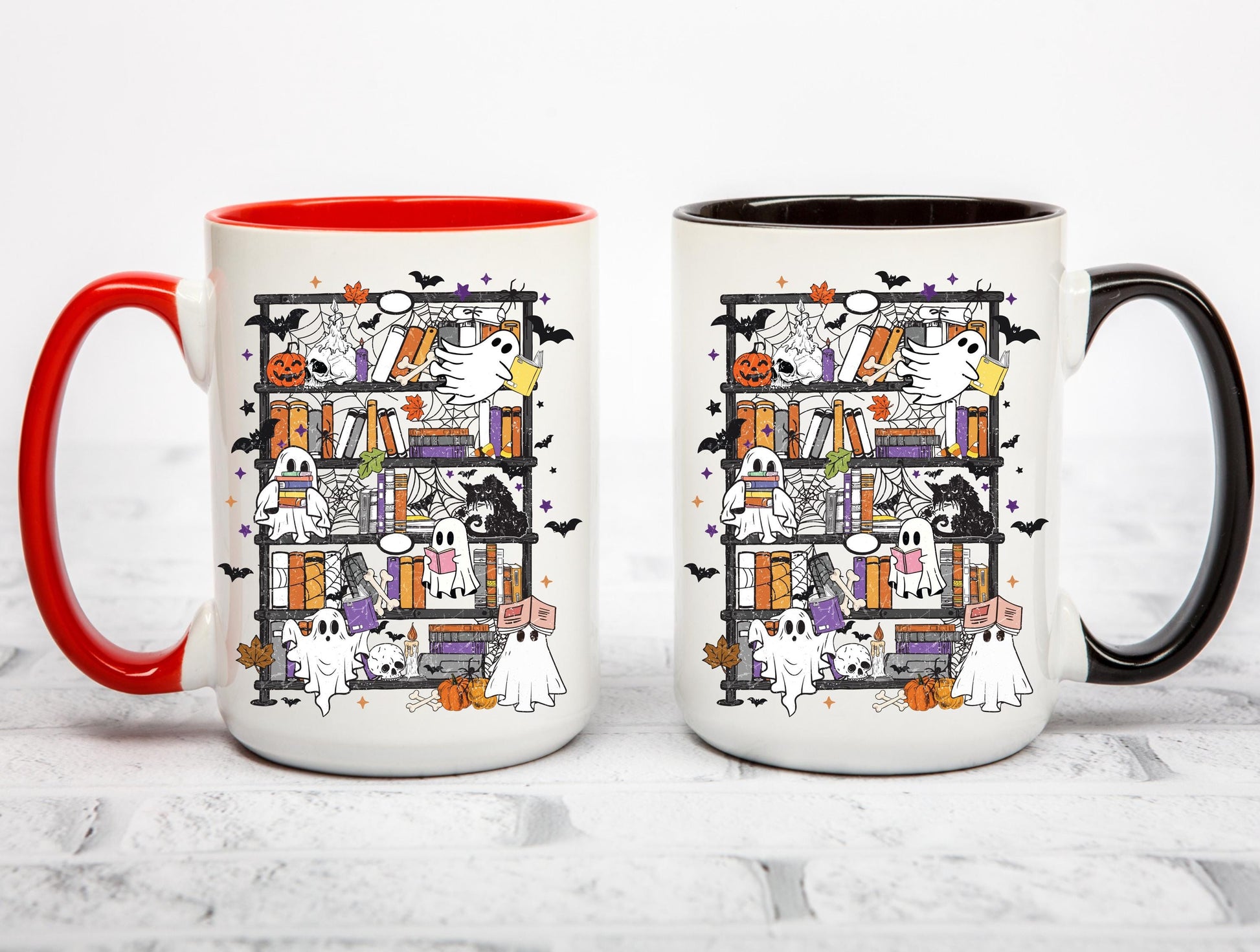 Ghost Bookshelf Coffee Mug, Halloween Ghost Mug, Book Lover Coffee Cup, Spooky Books Mug, Ceramic Mug, 11 oz Mug, 15 oz Mug