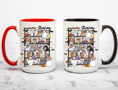 Ghost Bookshelf Coffee Mug, Halloween Ghost Mug, Book Lover Coffee Cup, Spooky Books Mug, Ceramic Mug, 11 oz Mug, 15 oz Mug