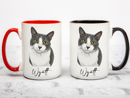 Custom Cat Portrait Coffee Mug, Hand-Drawn Cat Mug, Personalized Cat Mug, Custom Pet Mug, Ceramic Mug, 11 oz Mug, 15 oz Mug
